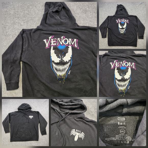 Marvel X Bait Venom Hoodie Mens 2XL Black Spider Pullover Sweatshirt Comic Book - Picture 1 of 14